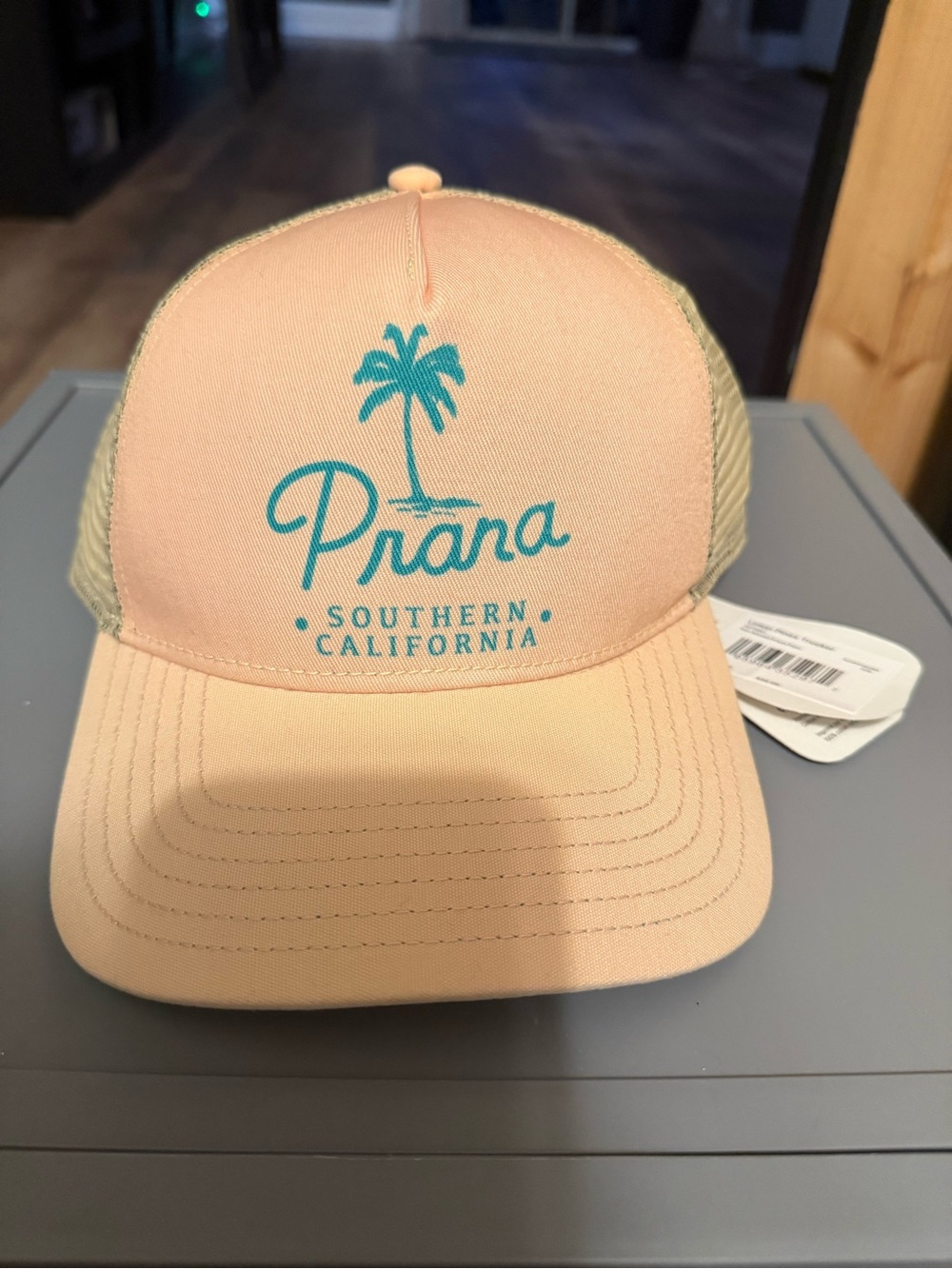 Prana Lower Pines Sun Kissed Prana Palm Peach Trucker Cap with Teal Palm Logo